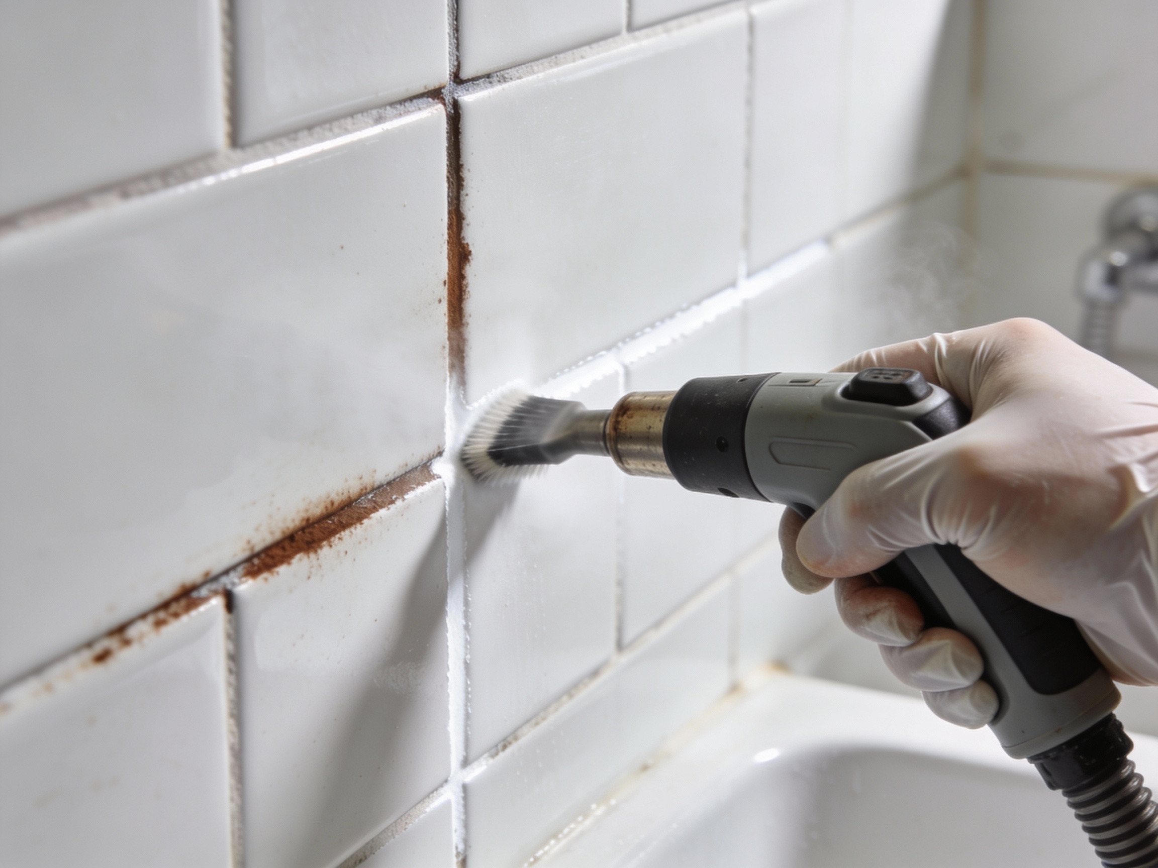 Grout cleaning process showing dramatic before and after results
